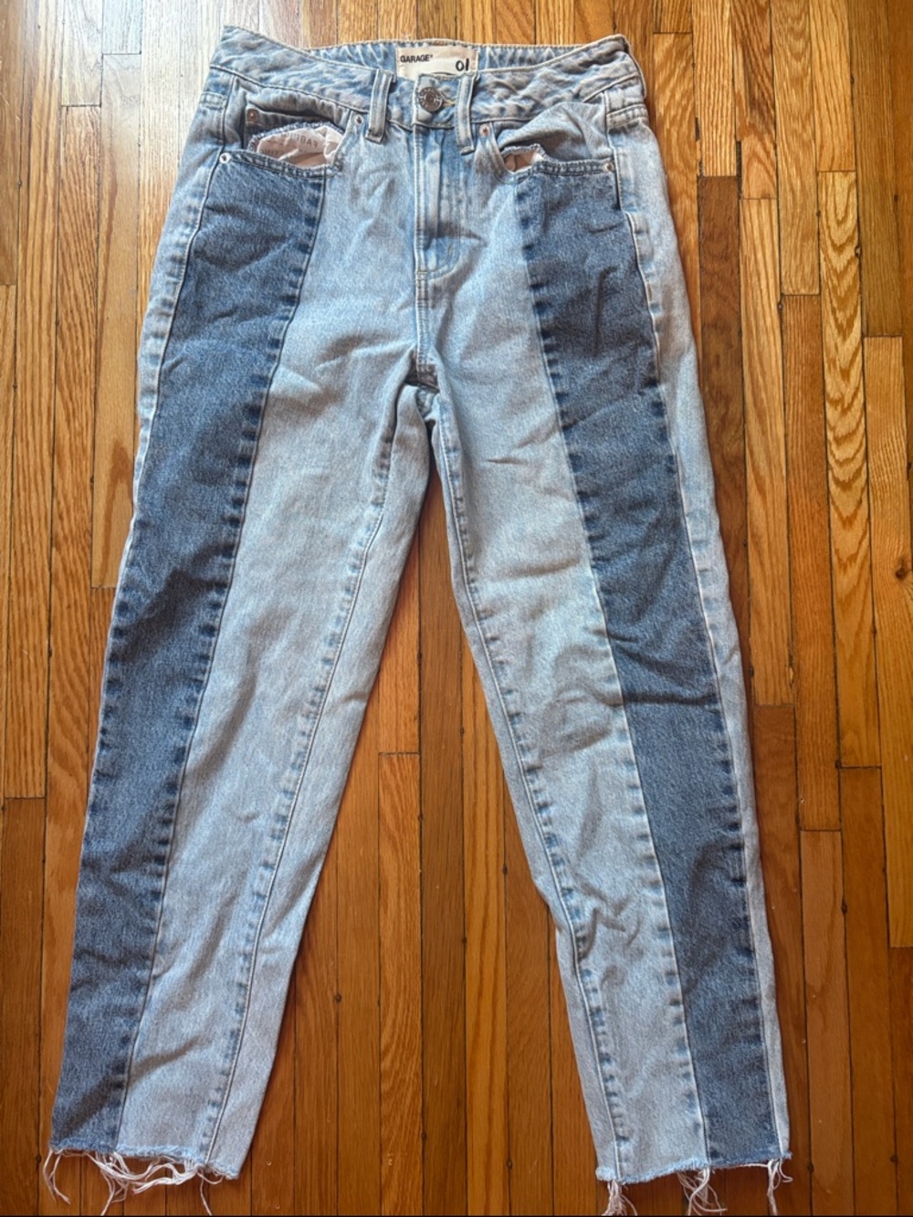 Garage Two-Tone Straight Leg Jeans in Light Blue and Dark Blue